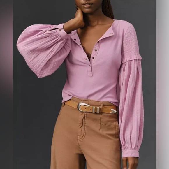 Pilcro Tops - Anthropologie Pilcro The Andie Ribbed Henley Top Balloon Sleeve Smocked Purple
